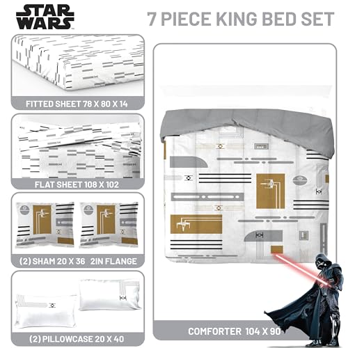 Image of Jay Franco Star Wars King Comforter Set 7 Piece Soft Modern Bedding, White | Bed in a Bag, Comforter Sheets Shams Pillowcases, Official Product, Soft Microfiber, Machine Washable, Fan Gift