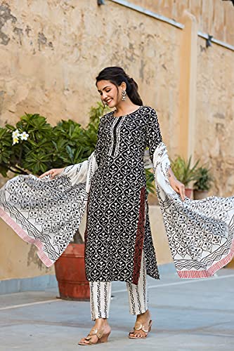 Image of Vaamsi Women's Pure Cotton Floral Block Printed Straight Kurta Pant With Dupatta | kurta sets for woman