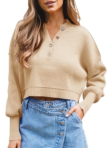 Saodimallsu Damen Langarm Pullover V-Ausschnitt Gerippter Strickpullover Frauen Casual Elegante Pullover Tops, Aprikose, XL