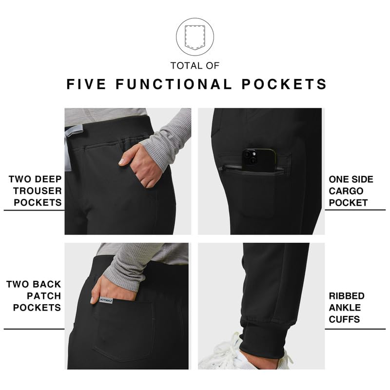 Image of Kitmaz Women's Scrub Jogger Pants, Mid Rise 4-Way Stretch, 5 Pockets | 4-way stretch, slim fit, anti-static, anti-wrinkle, machine washable
