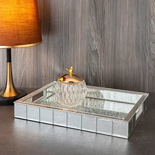 Crystal Diamond Mirrored Silver Tray- 15"X11"X2" Gorgeous Rectangle Tray With Hand Decorative Tray Makeup Tray For Dresser Vanity Room, Bathroom, Hallway #TOP3