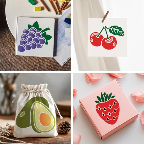 MAYJOYDIY 20 Stück Gemüse/Obst Schablonen 15x15cm Tomaten Trauben Erdbeeren Wiederverwendbare Schablonen Kürbis Kohl Zeichenschablonen Mit Pinsel Für Holz Möbel Wände