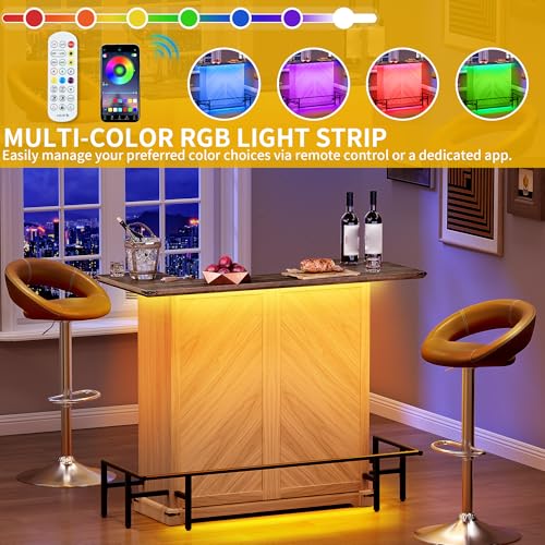 DWVO Home Bar Table Unit Cabinet with LED Lights & Drawer, 12-Glass Holder & Adjustable Wine Storage, Farmhouse Mini Bar Unit with Footrest for Living & Dining Room, Off White+Walnut Grain