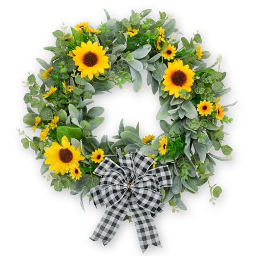 22 Sunflower Wreaths for Front Door Rustic Summer Spring Front Door Wreath with Eucalyptus and Buffalo Plaid Bow for Indoor Outdoor Wall Window Farmhouse Floral Wreath Decor for Porch