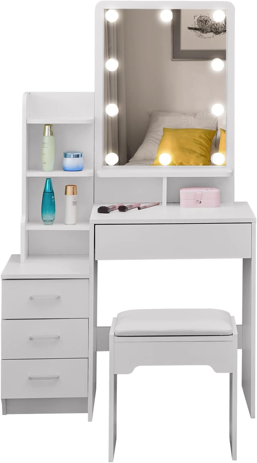 OFCASA Dressing Table with Hollywood LED Lights and Stool 4 Drawers and