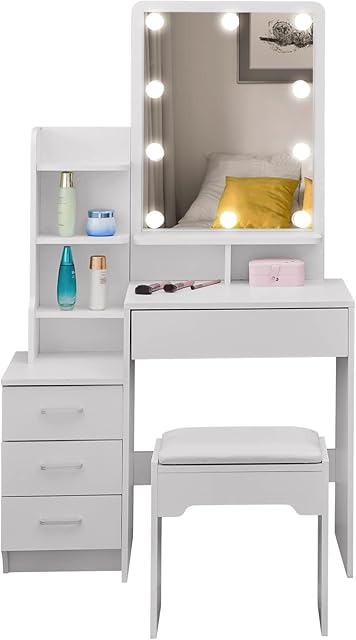 OFCASA Dressing Table with Hollywood LED Lights and Stool 4 Drawers and Shelves White Makeup Desk Adjustable LED Lights Vanity Storage Dressing Table for Girls Bedroom Dressing Room