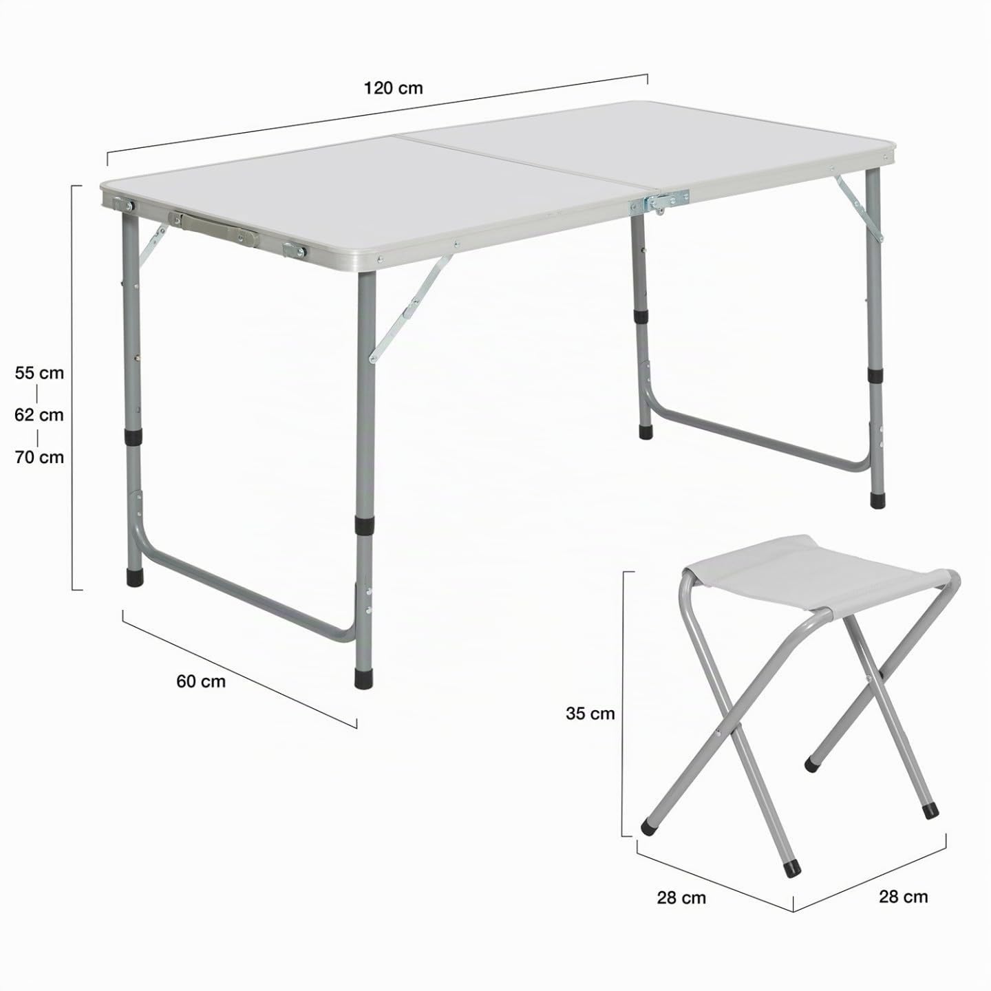 IDMarket – Mesa de camping plegable regulable en altura 120 cm y 4 taburetes, color blanco
