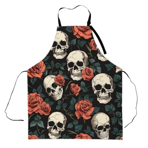 Zeleda Gothic Skull and Rose Apron,Adjustable Waterproof Oxford Fabric Kitchen Apron with 2 Pockets for Men and Women, Cooking, Baking, BBQ, Coffee Shop, Housewarming Gifts, 28x33 Inches