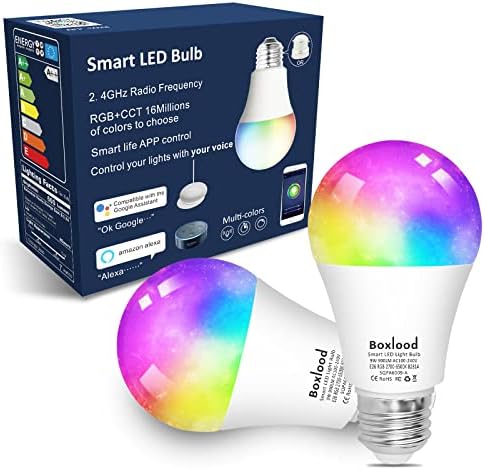 Boxlood E27 Smart Bulbs, A19 7W 600LM, Multicolor Dimmable 2700K-6500K Color Changing Light Bulb, Mobile Remote Control, Compatible with Alexa Google, No Hub Required, 2 Pack
