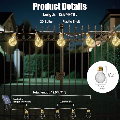 Solar String Lights Outdoor, 41 FT Vintage Rope Hemp Solar Patio Lights with 20 Shatterproof Bulbs, 8 Modes Waterproof Hanging Lights, Solar Powered String Lights for Gardens, Balcony Parties