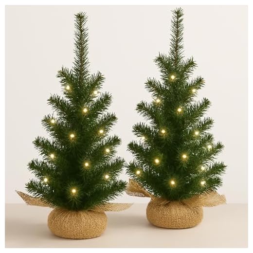 2x 60cm Artificial Mini Christmas Trees with Lights - 2ft Indoor Battery Operated LED Green Xmas Tree - Jute Bag 60cm 2 Pack Trees (60cm Snowy)