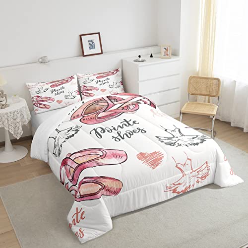 Girls Ballet Comforter Set Kids Ballet Shoes Bedding Set For Boys Teens Decor Girly Dancer Comforter Modern Trendy Pink White Duvet Set 3Pcs Full Size #TOP3