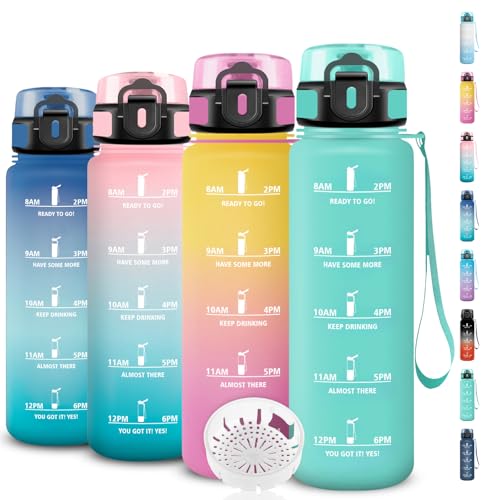 Botella de Agua 1l, Botella Agua Deporte con Filtro, a Prueba de Fugas, Cantimplora Reutilizable con Marca de Tiempo, Cantimplora Infantil para la Escuela, Deportes, Camping, Running, Senderismo