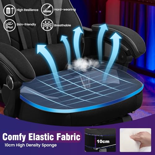 Sedia da Gaming Tessuto Traspirante, Fresco D'estate,Poltrona Gamer Ergonomica con Poggiapiedi, Schienale & Sedile Grandi Comodo, Nero+Grigio - Sedia gaming - Immagine 3