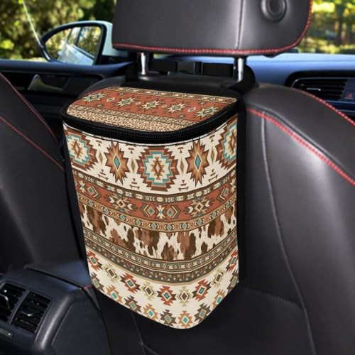 Image of Talayituse Aztec Tribe Brown Cow Print Car Trash Can with Lid, Leak Proof Auto Trash Bag Hanging Vehicle Garbage Can Multipurpose Storage Container for Back Seat Road Trip