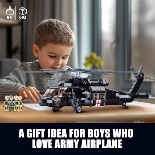 Image of UH-60 Black Utility Helicopter Building Set for Adults, Compatible with Lego Military Army Airplane, Hawk Plane Model Kit with 4 Soldier Figures, Birthday Gift Toys for 8-14 Boys Kids (692 PCS)