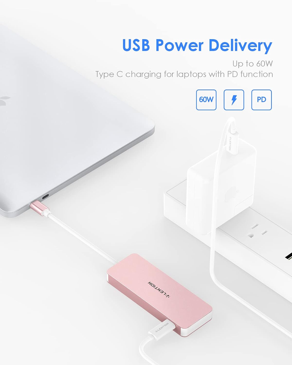 LENTION USB C Hub with 3 USB 3.0, SD/Micro SD Card Reader & Charging Compatible 2022-2016 MacBook Pro, New Mac Air/iPad/Surface/More, Stable Driver Certified Adapter (CB-C16s, Rose Gold)