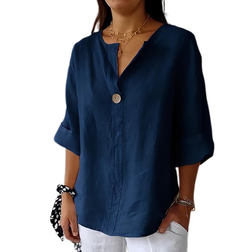 Akivide Womens Summer Linen Shirt Button Down V Neck Solid Blouses 3/4 Sleeve Casual Loose Fit Tunic Tops T Shirts