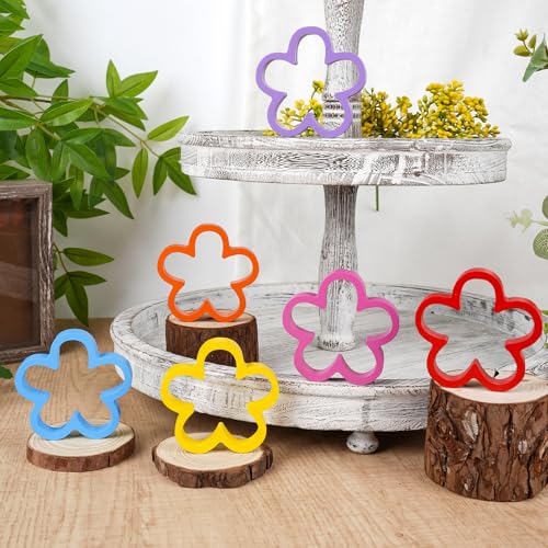 COCHIE Wooden Flowers Spring Decorations for Home, Flower Blocks Tiered Tray Decoration Set of 6, Red Pink Blue Yellow Spring Decor for Table Office Party Shelf Door (Hollow Printed)