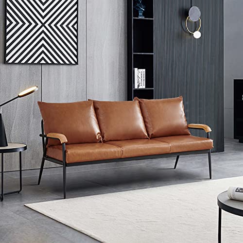 LEMROE Sofá cama de 3 plazas tapizado de cuero largo con marco de metal, brazos de madera, sofá moderno y relajante para sala de estar, dormitorio, recepción, oficina (marrón claro, 3 plazas)