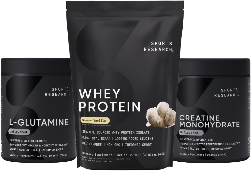 Sports Research® - Whey Isolate Protein Powder 2.1lb + L-Glutamine 10.58 Oz + Creatine Monohydrate 10.58 Oz