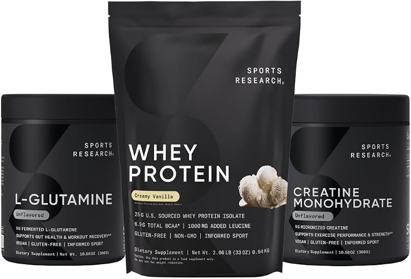 Sports Research® - Whey Isolate Protein Powder 2.1lb + L-Glutamine 10.58 Oz + Creatine Monohydrate 10.58 Oz