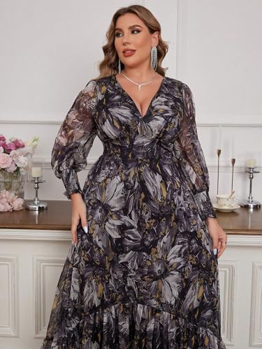 Image of Spring Summer 2024 Plus Size Womens Dresses V Neck Casual Elegant Long Sleeve Floral Print Maxi Dress