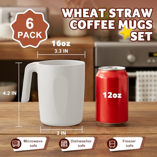 Image of 6PCS Unbreakable Wheat Straw Mugs Set, 16 OZ White Coffee Mugs | Lightweight Plastic Drinking Glasses with Handle for Daily Use, Camping