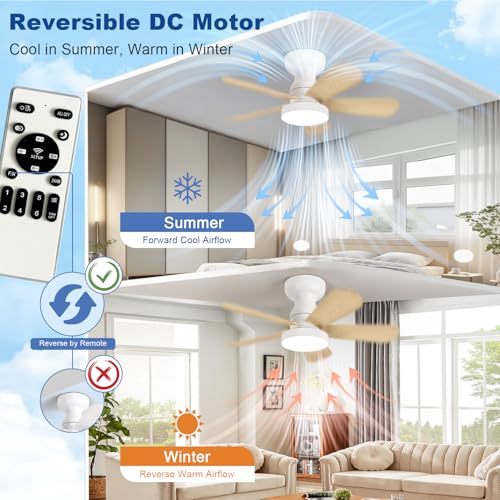 Image of Depuley Small Ceiling Fan with Lights: 28-Inch Flush Mount Fan with Light and Remote - Low Profile Ceiling Fans Reversible Quiet DC Motor for Bedroom Living Room Indoor Outdoor, Wood Color