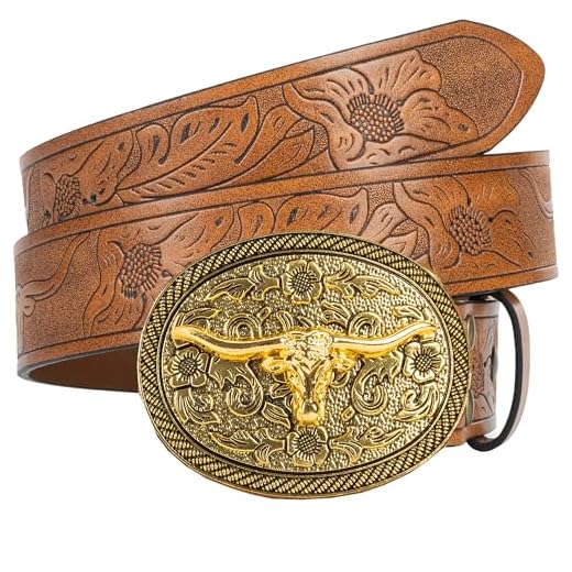 IZUS Cinto de cowboy masculino e feminino com cabeça de touro estilo caubói floral em relevo em couro PU com 3,8 cm de largura para jeans, Fivela oval touro - pulseira marrom, 47"Belt for 36"-40"