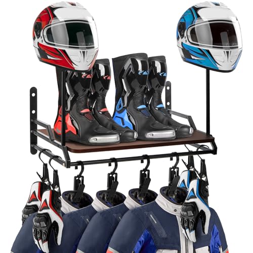 Eorbow Helmet Rack Wall Mount, Heavy-Duty Motorcycle Gear Holder, Helmet Organizer Stand with Wood Board & 8 Hooks, Space-Saving Storage Hanger for Police Soccer Cycling Jacket Accessories
