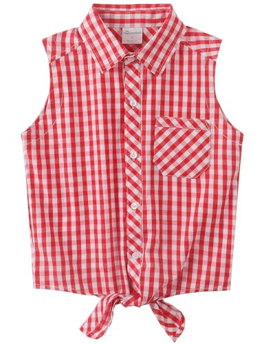 Image of Noomelfish Girls Sleeveless Button Down Shirt Tie Knot Blouse Western Cowgirl Outfit (5-12 Years)