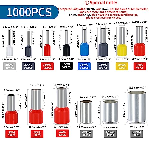 Image of 1000PCS Wire Ferrule Kit Copper Crimp Terminals Insulated Pin Cord End Connectors AWG(22 20 18 16 14 12 10 8 6 4 2 1 /0 2 /0 3 /0) Gauge