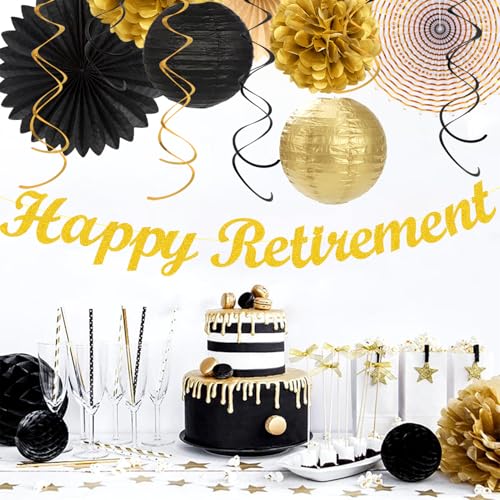 Image of Black Gold Happy Retirement Party Decorations Banner Women Men Huglony | 21pcs Retiree Farewell Banner,Streamers,Paper Lanterns,Pom Poms Fans,Work Teacher Retirement Supplies Backdrop