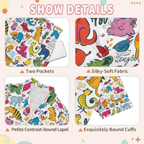 senya Colorful Doodle Animals A Satin Summer Pajama Sets Silk Short Sleeve Button Down Sleepwear3