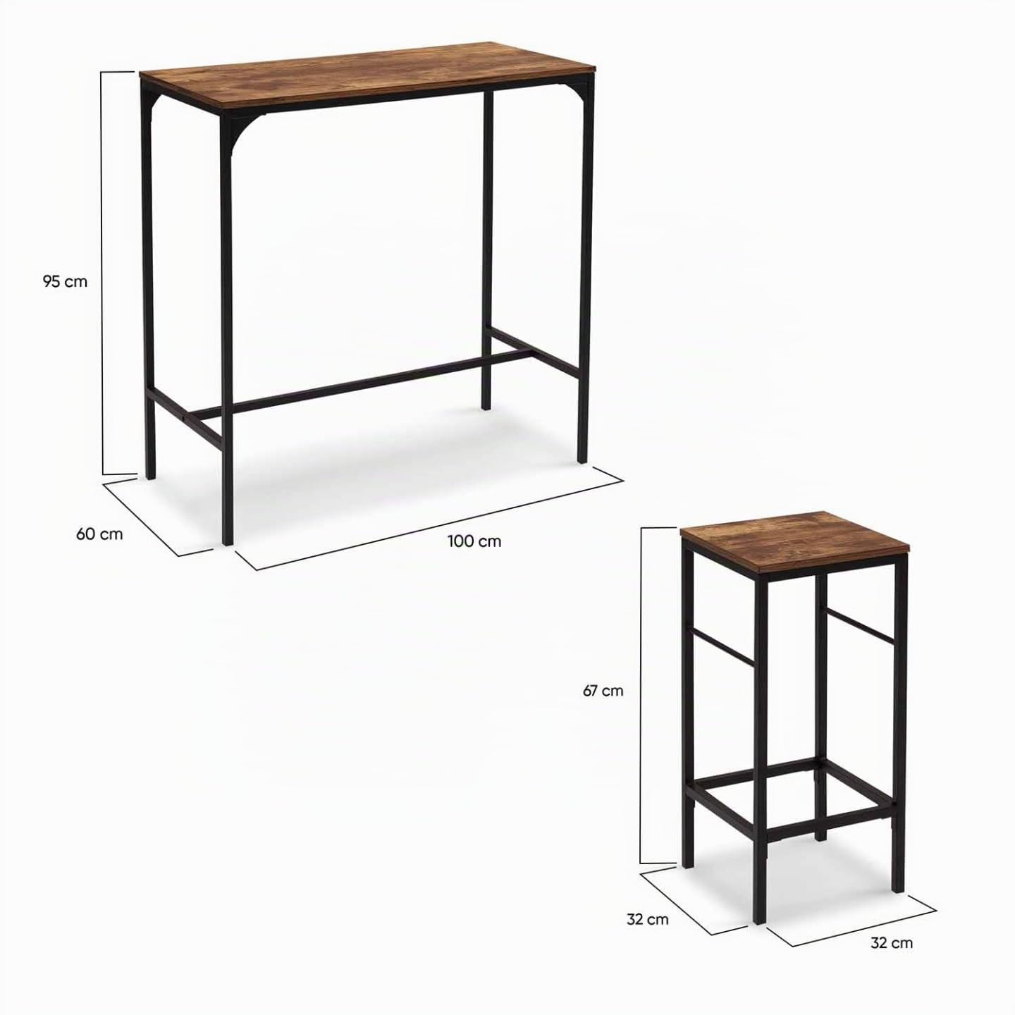 IDMarket - Mesa alta de bar Dayton 100 cm y 4 taburetes, madera oscura, efecto envejecido y negro, diseño industrial