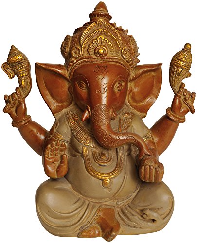 Exotic India Lord Ganesha Enjoying Modaka Statue, Antique-Yellow, 4.4 x 8.4 x 9.3-Inch