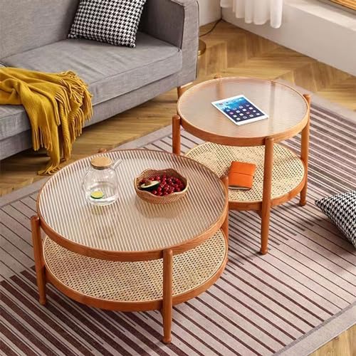 Table basse cadre en bois massif et plateau en verre trempé