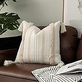 OJIA Boho Decorative Accent Pillow Covers,Neutral Throw Woven Tribal Tufted Pillow Case with Tassels, Pillow Sham Cushion Cover for Farmhouse,Party, Outdoor, Bedroom, Living Room (20x20 Inch, Cream)