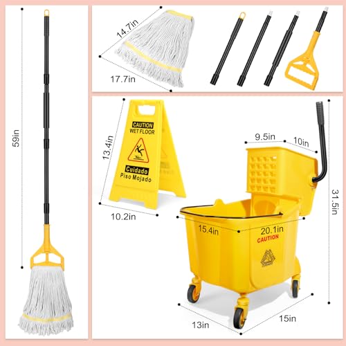 Image of 35 Qt Commercial Mop Bucket with Side Press Wringer on Wheels Set | Including 35 Quart Industrial Mop Bucket |1 Commercial Mop |1 Wet Floor Caution Sign | Yellow