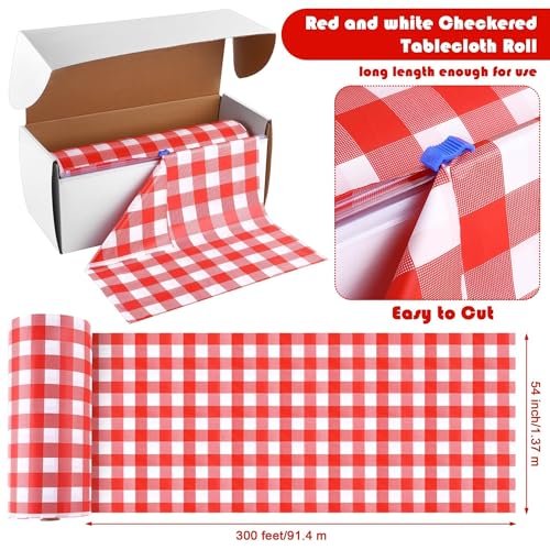 Image of Kochorie 54 Inch x 300 Ft Red Checkered Plastic Table Cloth Roll Disposable Waterproof Table Cover with Easy Slide Cutter for Outdoor Picnic /Home Dining /Spring Party