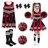 Ensemble complet : cet ensemble de costume de pom-pom girl d'Halloween comprend une robe sanglante détaillée, une paire de boules de fleurs, deux élastiques à cheveux et des chaussettes rayées. Toutes les pièces forment ensemble une tenue cohérente et effrayante. Pour les événements d'horreur où un look coordonné et effrayant est essentiel.