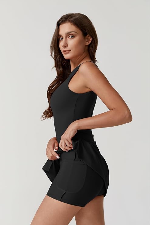 QINSEN Womens Crew Neck Tennis Dress Sleeveless Side Slit Golf Athletic Dress Build in Shorts with Pockets