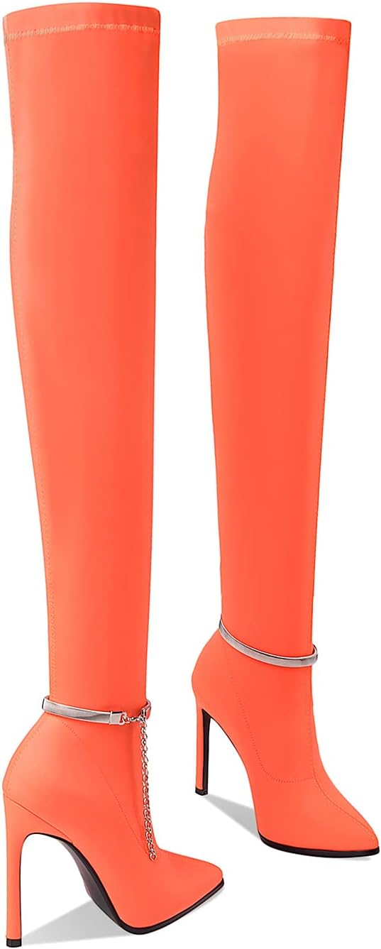 MOOMMO Women’s Stiletto High Heel Elastic Thigh High Boots Pointed Toe Stretch Lycra Over Knee Long Boots Pull On Metal Chain Pointy Closed Toe Dress Boots for Ladies Sexy Wedding Party 4-11 M US