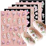 5D Embossed Nail Art Stickers Decals 6 Sheets Nail Stickers for Nail Art 3D Pink White Green Flower