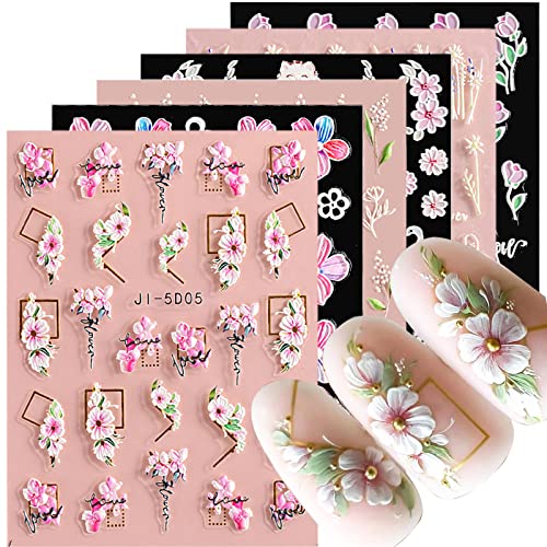 5D Embossed Nail Art Stickers Decals 6 Sheets Nail Stickers For Nail Art 3D Pink White Green Flower Leaves For Nails Diy French Manicure Tips Gel Nail Sticker For Women And Girls #TOP3