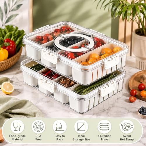 Image of JD Fresh Pack of 2 Fridge Storage Boxes with 4 Removable Serving Veggie Tray /Divided Plastic Fridge Organizer with Lid & Handle /Airtight Fridge Storage Container for Fruits,Vegetables &Kitchen Storage