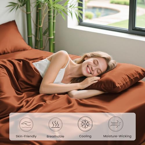Image of Love's cabin 4 Piece Full Size Sheet Set, 100% Rayon Derived from Bamboo, Cooling & Breathable, Soft Silky Deep Pocket up to 16 inch, Hotel Luxury Bedding for Hot Sleepers, Burnt Orange
