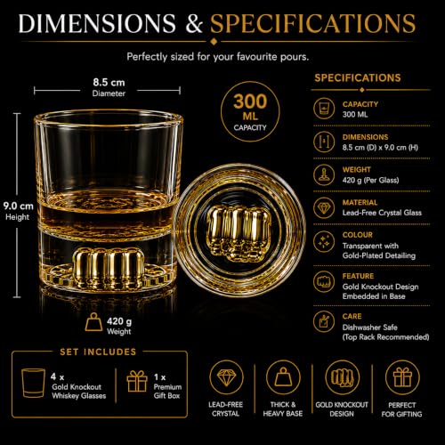 Image of Melbify Boxing Whiskey Glass| Set of 4 |300 ml | Premium | Unique| Big| Broad | Royal | High end| Expensive| Golden Plated Whiskey Glass| Whiskey Glass Gift Set for Boxing Lovers