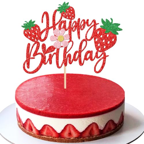 1 PCS Strawberry Happy Birthday Cake Topper with Glitter Flower Fruit Theme Birthday Berrry Cake Pick Decorations for Strawberry Theme Baby Shower Kids Birthday Party Cake Decorations Supplies Pink